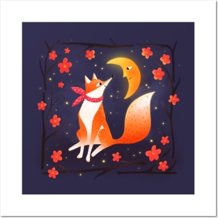 Cute fox , crescent moon and flowers, version 1 Posters and Art